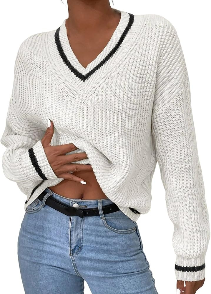 Oversized Sweaters for Women Fall 2023 Striped V Neck Long Sleeve Pullover Knit Sweaters Tops | Amazon (US)