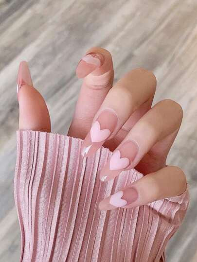 24pcs Heart Pattern Fake Nail & 1sheet Double-sided Tape | SHEIN