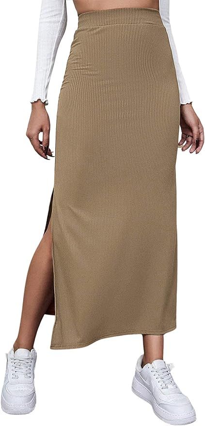 SheIn Women's Elastic Waisted Split Thigh Rib Knit Long Maxi Bodycon Pencil Skirt | Amazon (US)