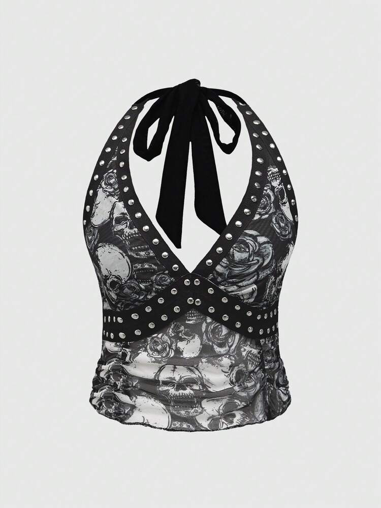 ROMWE Goth Gothic Light Punk Style Skull Rose Mesh Print Metal Studs Perspectival Waist Design Wo... | SHEIN