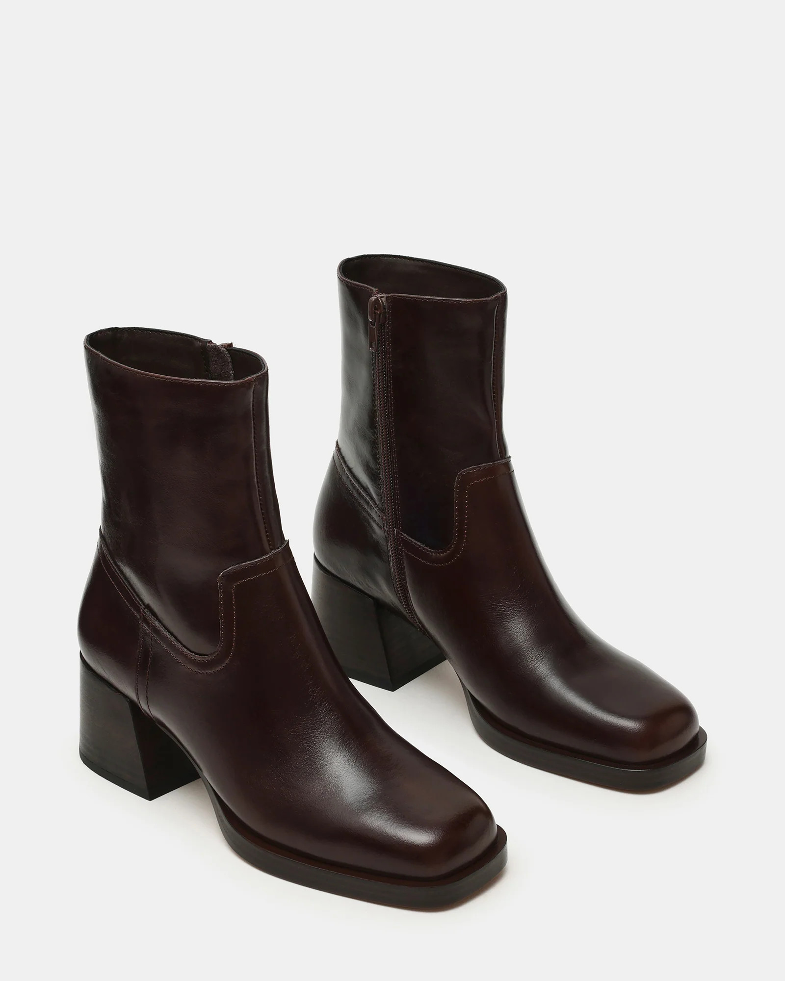 LATCHES Brown Leather Square-Toe Block Heel Women's Ankle Boot | Steve Madden (US)