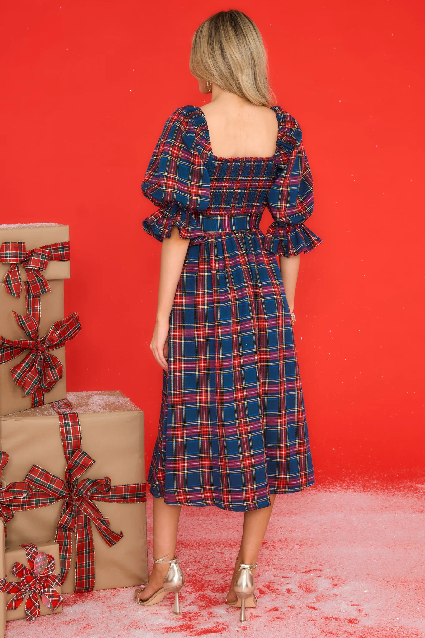 Wishful Wonderland Navy Plaid Midi Dress | Red Dress 