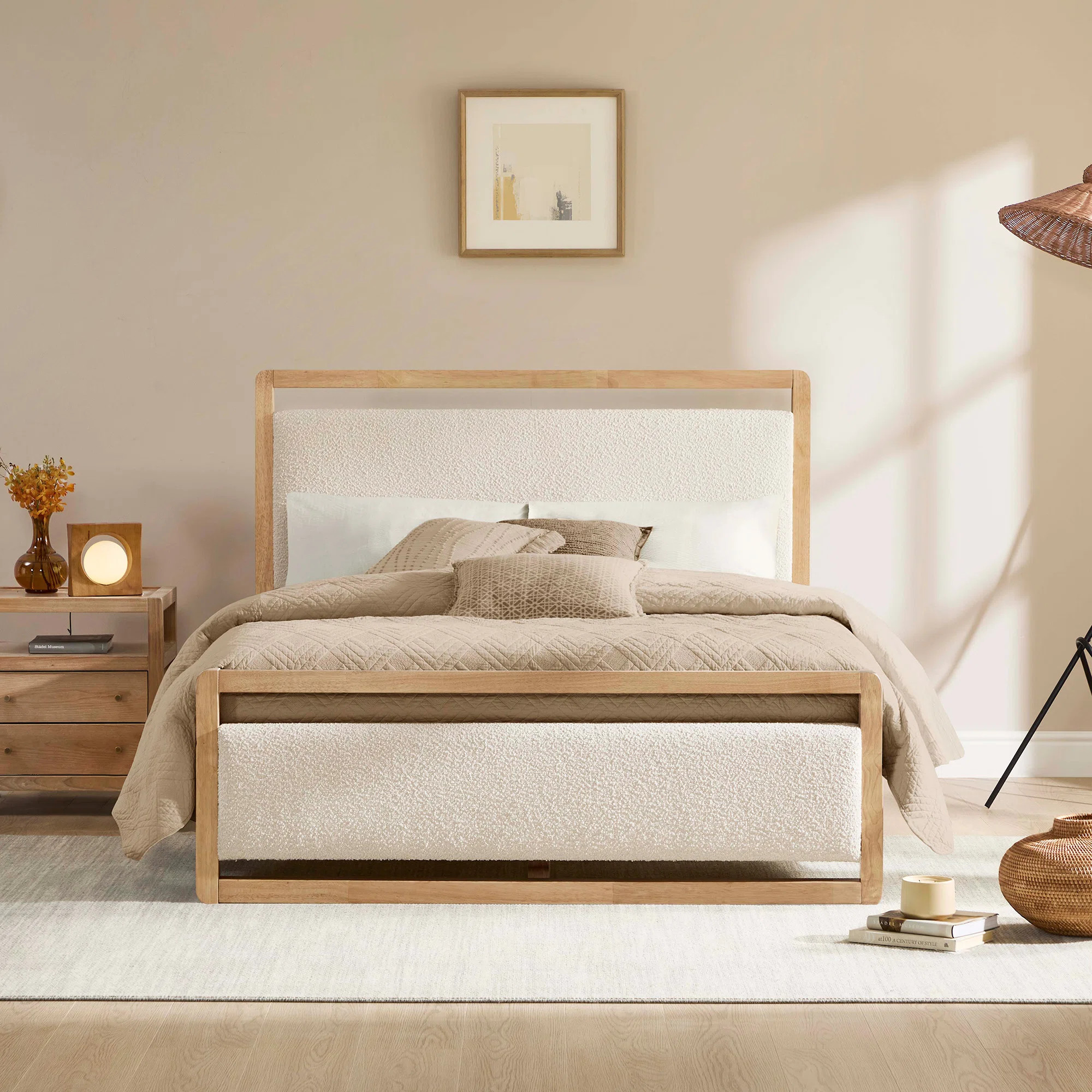 Modern Solid Wood Boucle Upholstered Bed Frame With USB | Wayfair North America