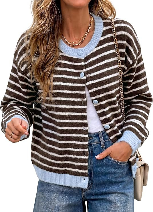 Cicy Bell Women Striped Button Down Cardigan Sweater Color Block Knitwear | Amazon (US)