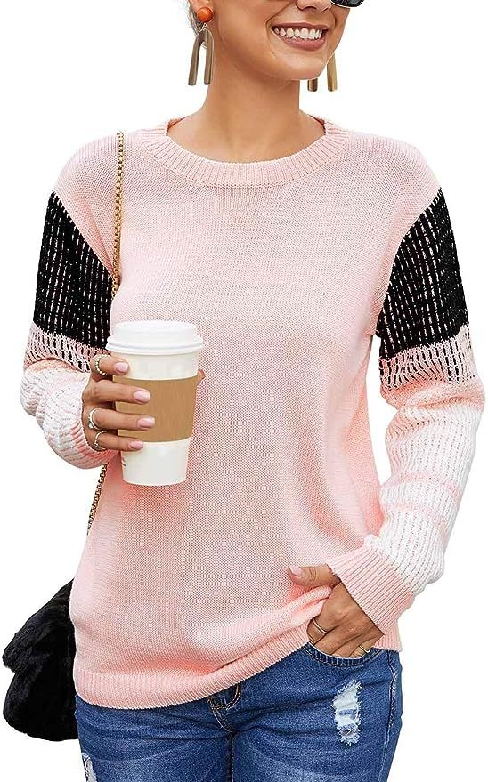 Koitmy Women's Cute Contrast Sleeve Knitted Pullover Sweater | Amazon (US)