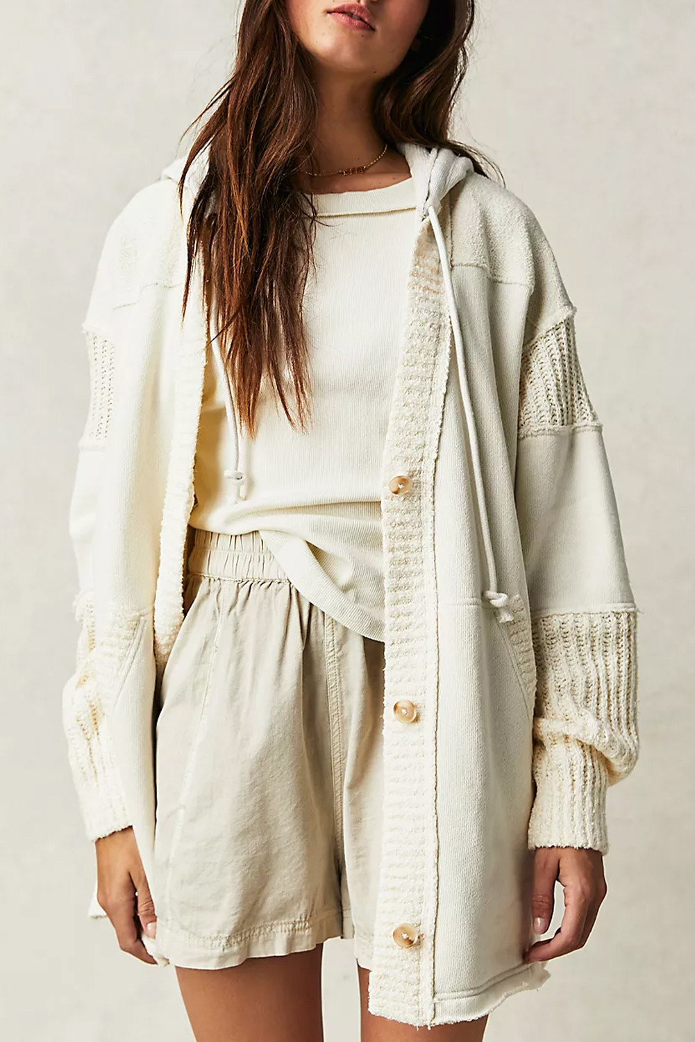 Beige Solid Color Button Down Long Hooded Cardigan | Shewin