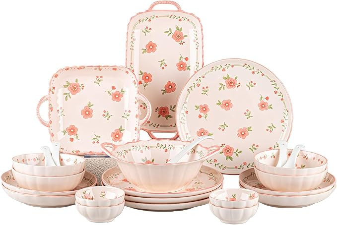 24-Piece Ceramic Dinnerware Set, Service for 4, Pink Peach Blossom Floral Plates and Bowls Sets, ... | Amazon (US)