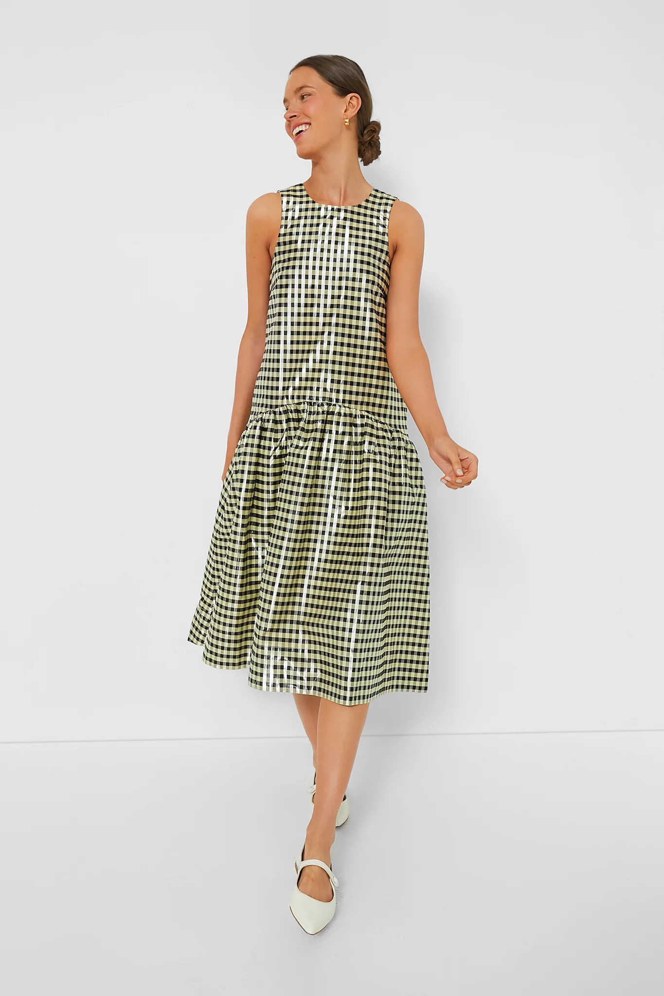 Lemon Icing Shiny Check Jacquard Midi Dress | Tuckernuck (US)