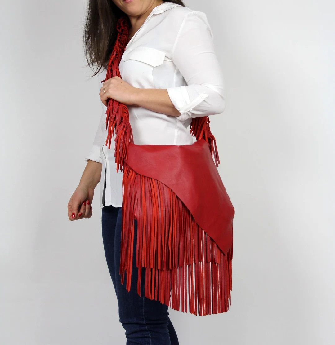 Red Leather Fringe Crossbody Bag: Handmade Medium Boho Purse - Etsy | Etsy (US)