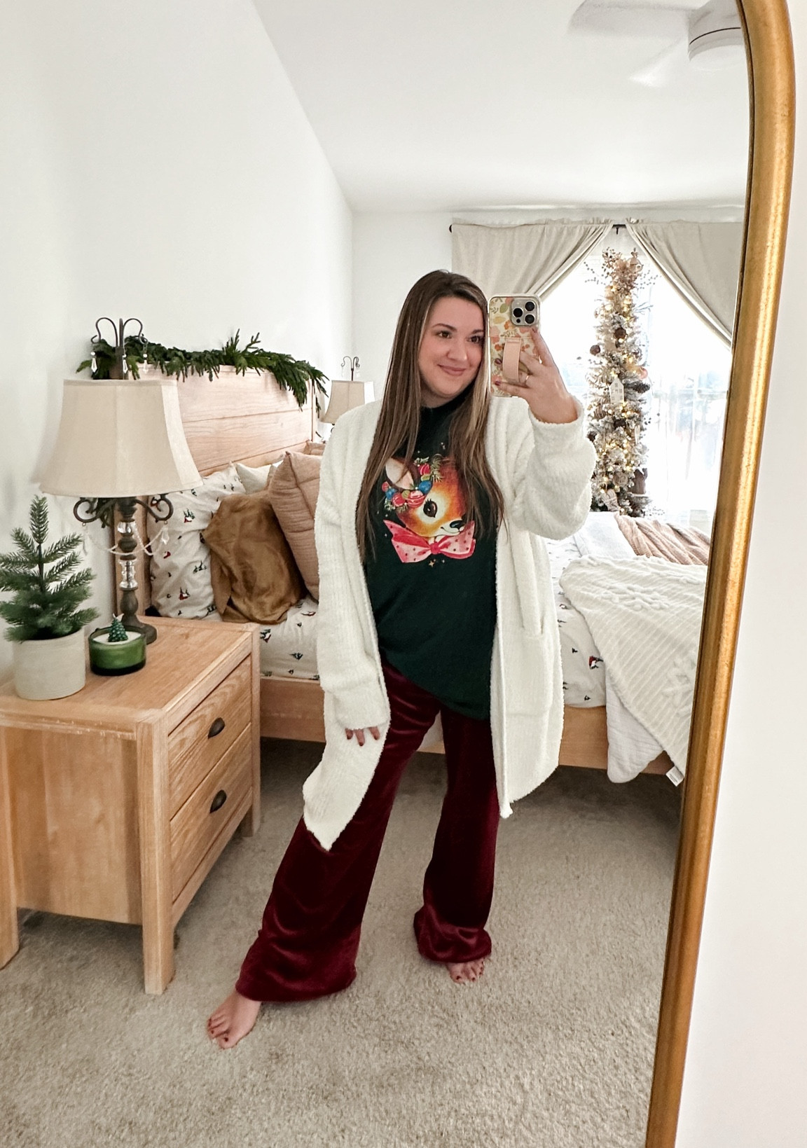 Comfy Christmas clothes. Velvet lounge. Barefoot dreams dupe. Christmas shirt. Reindeer shirt. Anthro dupe. Sam’s Club mirror  