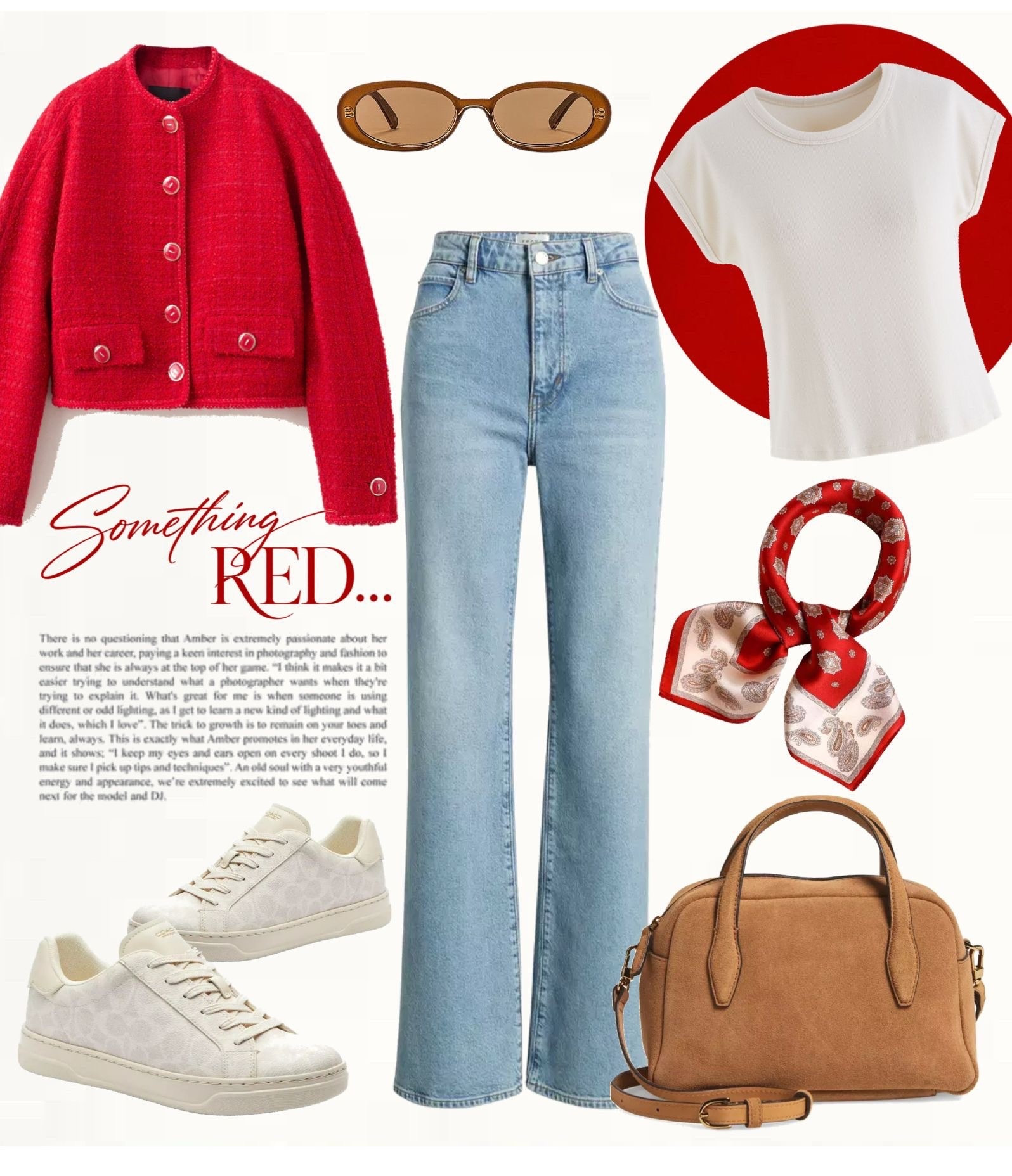 Red textured jacket styled with a white tee and light wash straight-leg jeans. Paired with white sneakers, a neutral tan handbag, brown sunglasses, and a red printed scarf for a cohesive pop of color.
#springoutfits #casualchic #outfitinspo


#LTKootd #LTKSeasonal #LTKOver40