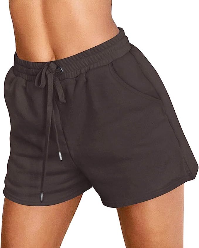 ZESICA Women's Summer Solid Color Elastic Drawstring Waist Athletic Workout Beach Shorts with Poc... | Amazon (US)