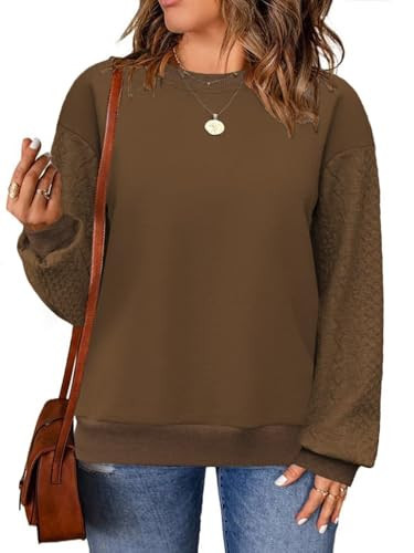 DOLNINE Plus Size Tops For Women Elegant Patchwork Sleeve Sweatshirts Oversized Tunic Pullover 2X Brown | Amazon (US)
