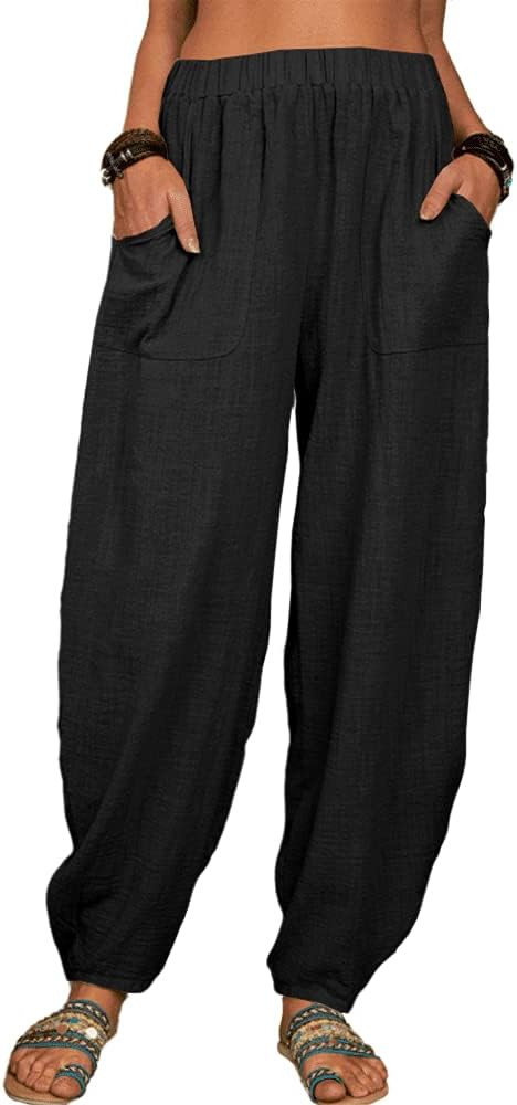 Danedvi Women Fashion Solid Loose Harem Pants Capri Baggy Pants Casual Linen Long Pants | Amazon (US)