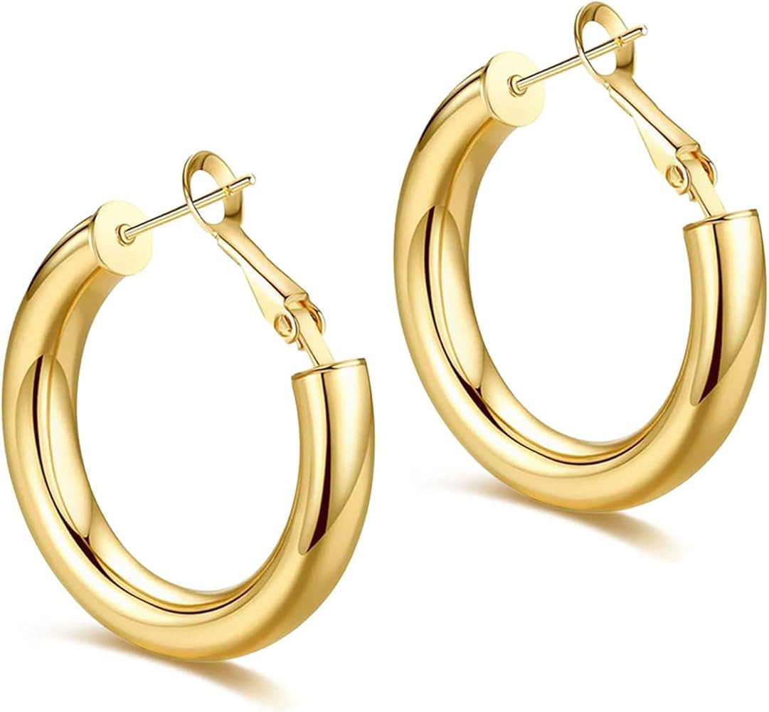 Chunky Gold Hoop Earring for Women, 18K Gold Plated Lightweight Thick Gold Hoops Earrings, Hypoal... | Amazon (US)