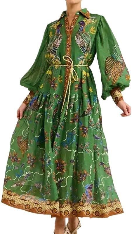 Women's Fashion Retro Lantern Sleeve Lace Up Printed Long Sleeve Dress | Amazon (US)