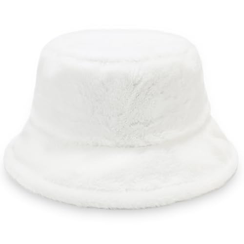 Winter Faux Fur Fuzzy Bucket Hat Men Women Fluffy Warm Furry Warm Plush Fisherman Hat Outdoor Fisherman Cap Adjustable Fluffy (Faux Fur, White) | Amazon (US)
