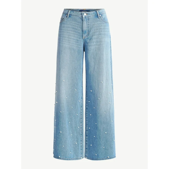 Scoop Women's and Women’s Plus Wide Leg Jeans with Faux Pearl Accents, Sizes 0-26W | Walmart (US)