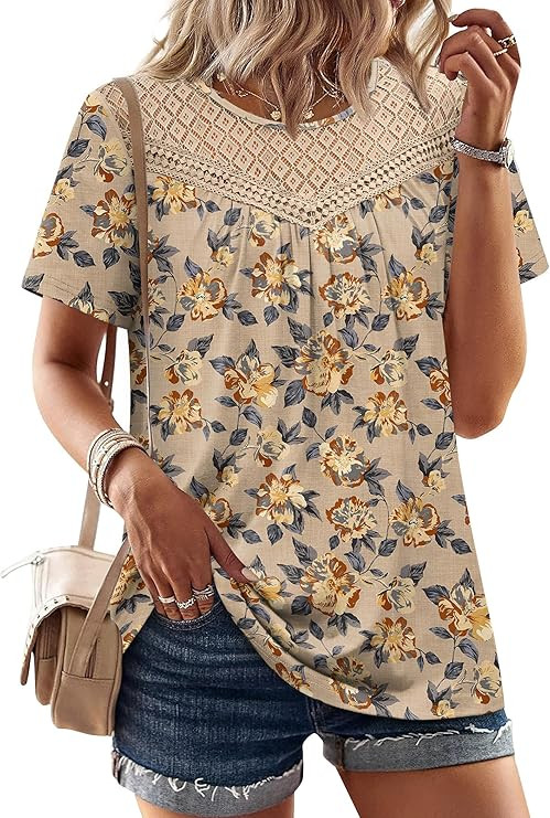 WIHOLL Womens Tops Short Sleeve Lace Shirts Summer Spring Tops Boho Trendy Beach Vacation Clothes... | Amazon (US)