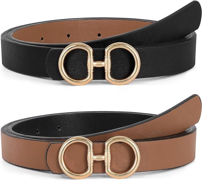 Women Reversible Leather Belt for Jeans Pants Fashion Ladies Belt with Gold Buckle | Amazon (US)