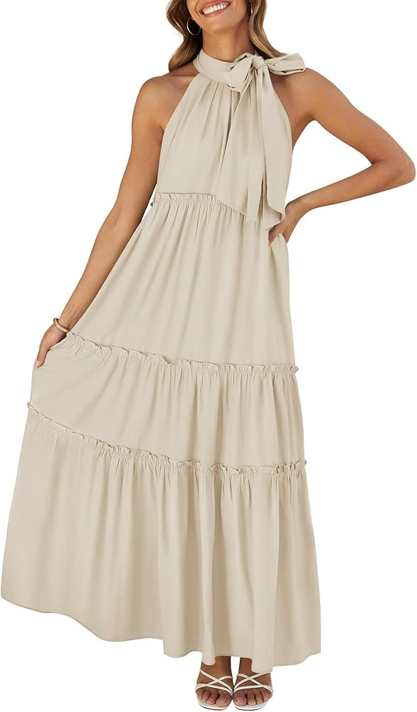 ZESICA Womens Summer Boho Halter Maxi Dresses 2024 Casual Sleeveless Pleated Tiered Flowy Beach V... | Amazon (US)