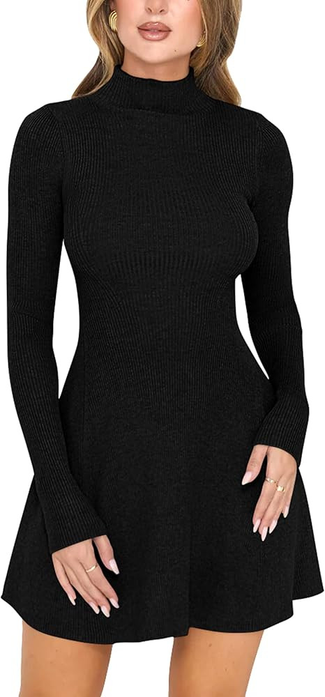 YMDUCH Women's Casual Fall Pullover Sweater Dress Mock Neck Long Sleeve Knit Ribbed Mini Dress | Amazon (US)