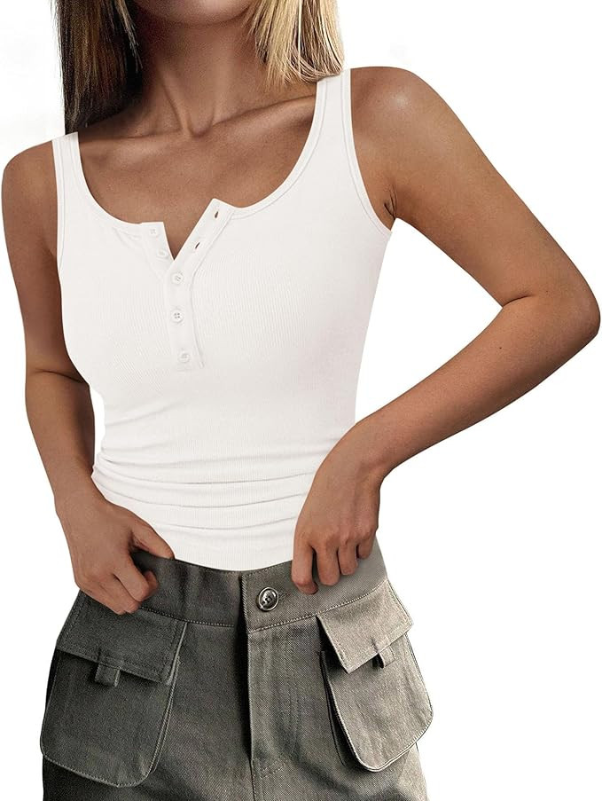 PRETTYGARDEN Womens 2025 Summer Tank Tops Ribbed Knit Slim Fit Sleeveless Henley Shirts Casual Ba... | Amazon (US)