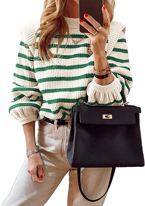 PRETTYGARDEN Women's Sweaters Casual Winter Long Lantern Sleeve Crewneck Ribbed Knit Pullover Str... | Amazon (US)