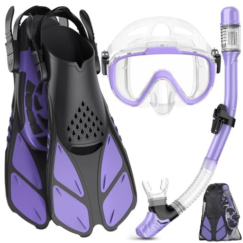 Ubekezele Snorkeling Gear for Adults Men Women,4 in 1 Snorkel Set with Panoramic View Diving Mask Anti-Fog Anti-Leak,Dry Top Snorkel,Fins and Travel Bag for Swimming,Snorkeling and Travel Diving | Amazon (US)