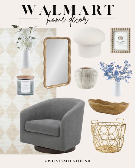 New Walmart home decor for summer! Affordable home decor, summer home decor, Walmart home decor, gray accent chair, barrel chair, upholstered accent chair, upholstered barrel chair, checkered rug, neutral checkered rug, scalloped wall mirror, gold wall mirror, rattan basket, blanket basket, wooden tray, accent tray, ceramic vase, white vase, faux floral arrangement, storage stool,  wooden frame, photo frame, neutral photo frame, candle, trendy home decor 

#LTKstyletip #LTKhome #LTKSeasonal