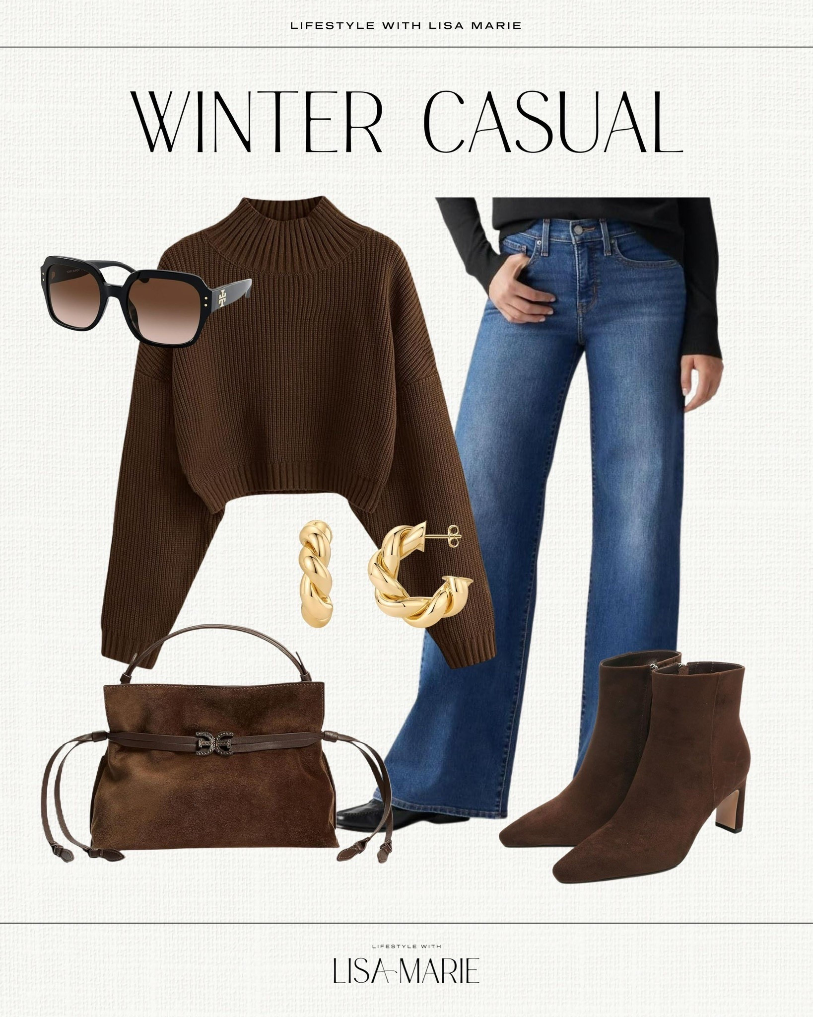 Winter casual outfit inspiration! Workwear. Date night. Girls brunch. Brown sweater and suede booties. Wide leg denim. Tory Burch. Brown sunglasses. 


#LTKootd #LTKSeasonal #LTKWorkwear