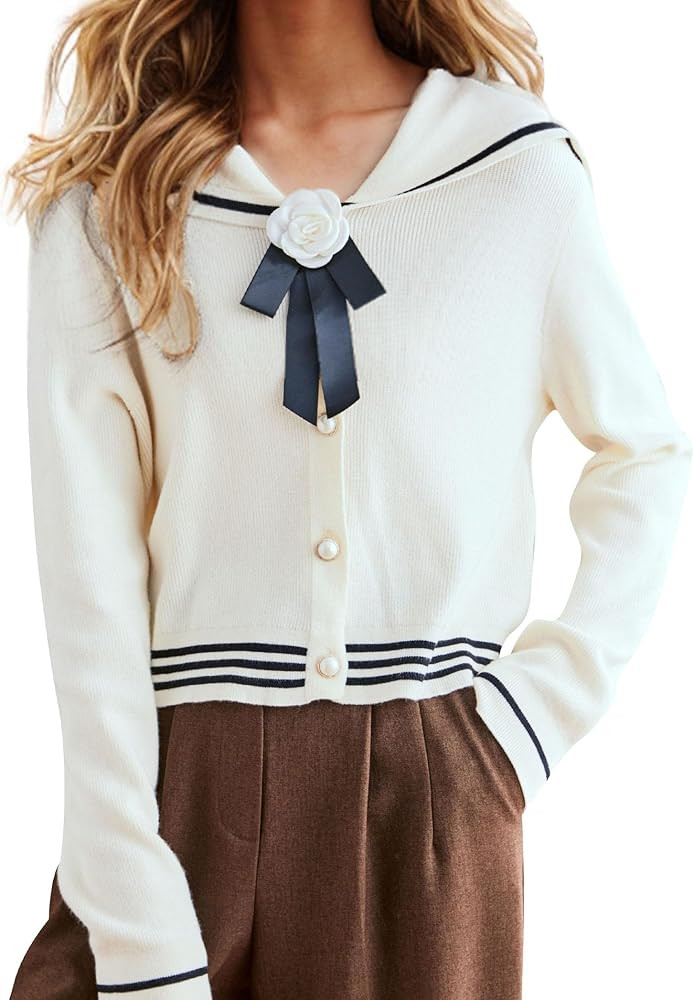 LAI MENG FIVE CATS Women's Sailor Collar Long Sleeve V-Neck Stripe Button Knit Top Shirt Blouse S... | Amazon (US)