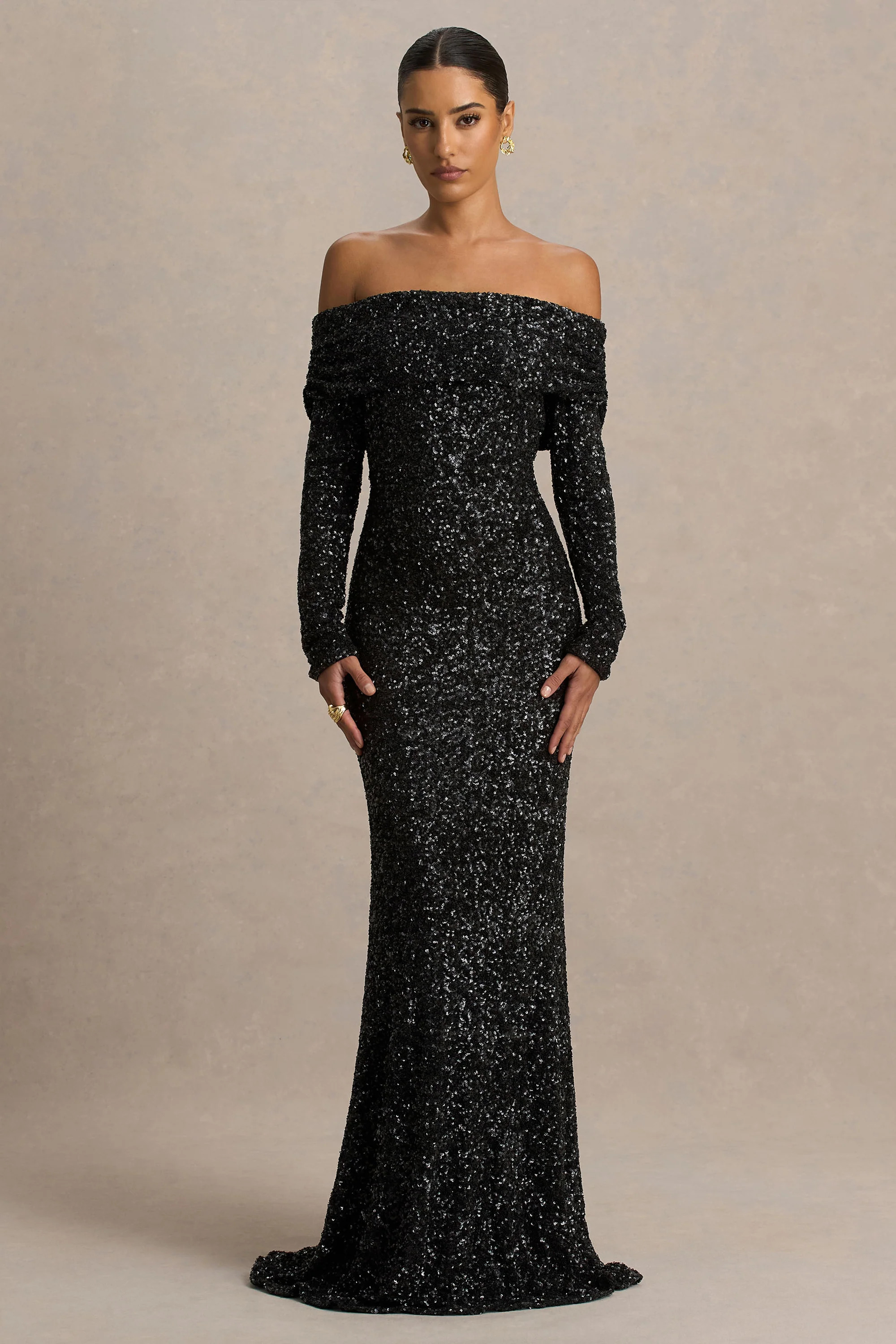 Obsession  Black Sequin Bardot-Neck Maxi Dress With Long Sleeves | Club L London