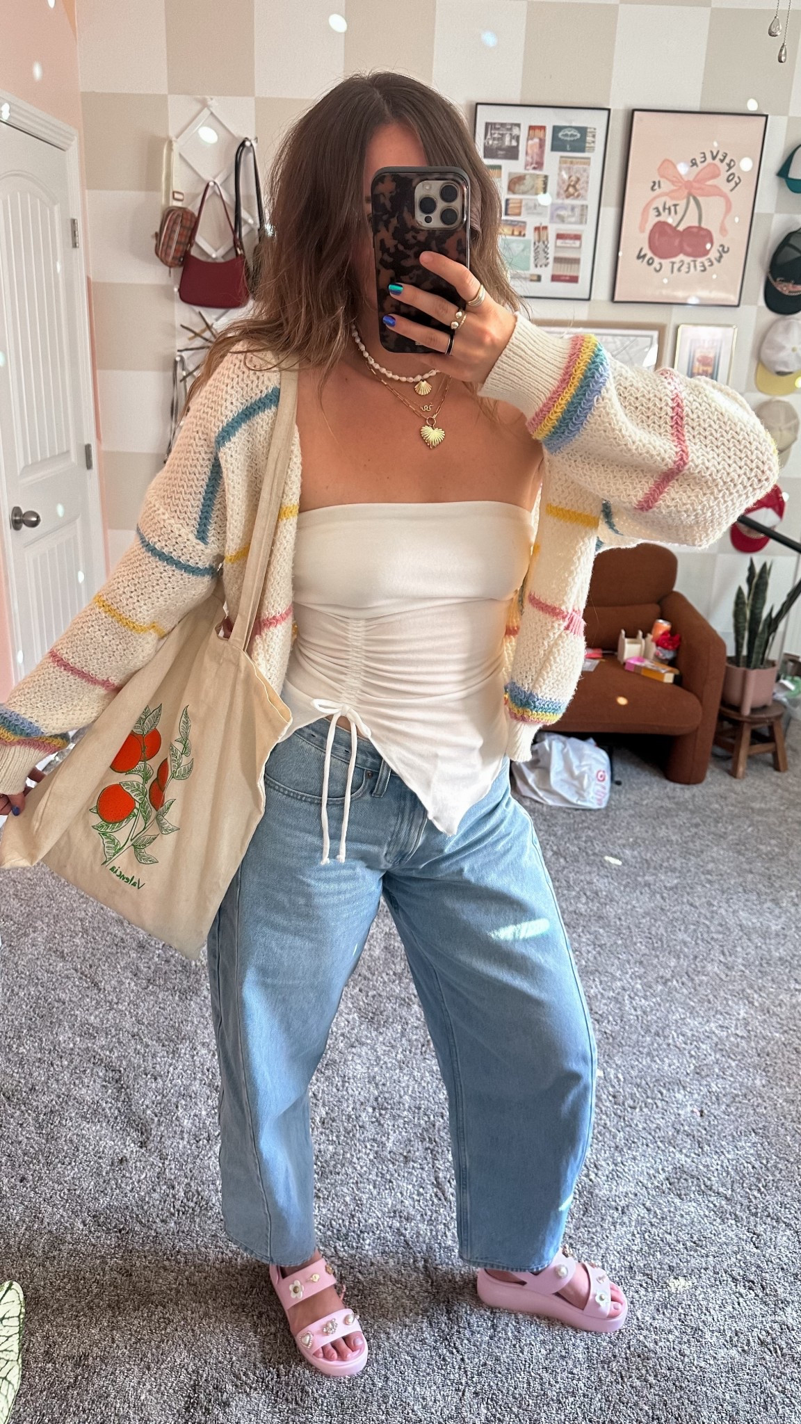 Summer to fall ootd 🌈☀️ wearing size small tube top, medium rainbow cardigan, and 27 long jeans. Size 7 crocs tts bag from Valencia, Spain 

#LTKFindsUnder100 #LTKShoeCrush #LTKFindsUnder50