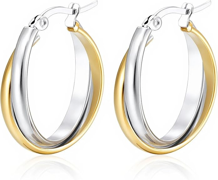 Two Tone Earrings for Women Gold and Silver Earrings Polished Chunky Huggie Hoop Earring Fashion ... | Amazon (US)
