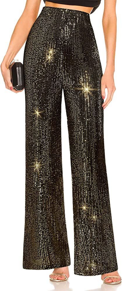 Fengbay Womens Sequin Pants High Waisted Sparkle Bell Bottoms Flare Pants Glitter Wide Leg Shiny ... | Amazon (US)