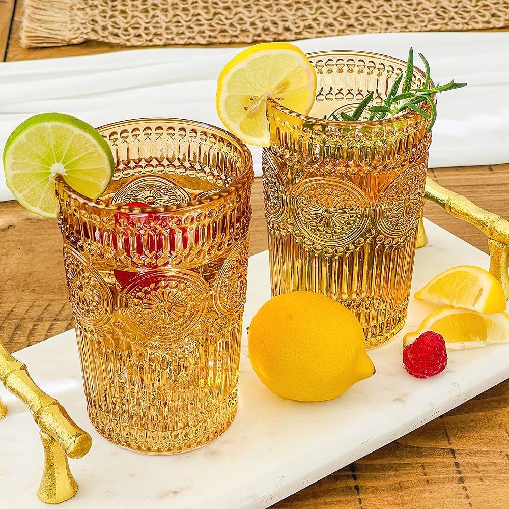 Kate Aspen Vintage Textured Amber Striped Drinking Glasses Set of 6-13 oz Ribbed Glassware with F... | Amazon (US)