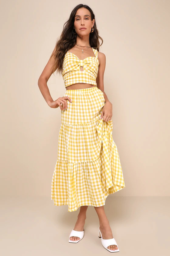 Completely Endearing Yellow Gingham Tiered Midi Skirt | Lulus