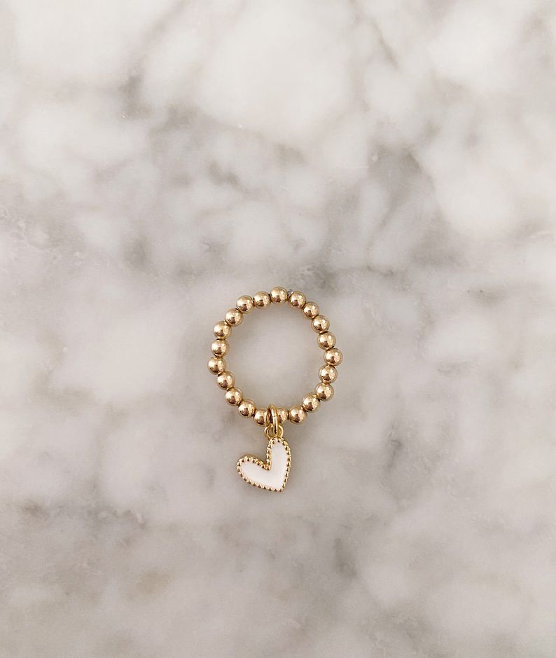 14k Gold Filled Beaded Ring | Pink Heart Pendant | Stretchy Gold Ring | Gold Ball Bead Ring | Hea... | Etsy (US)