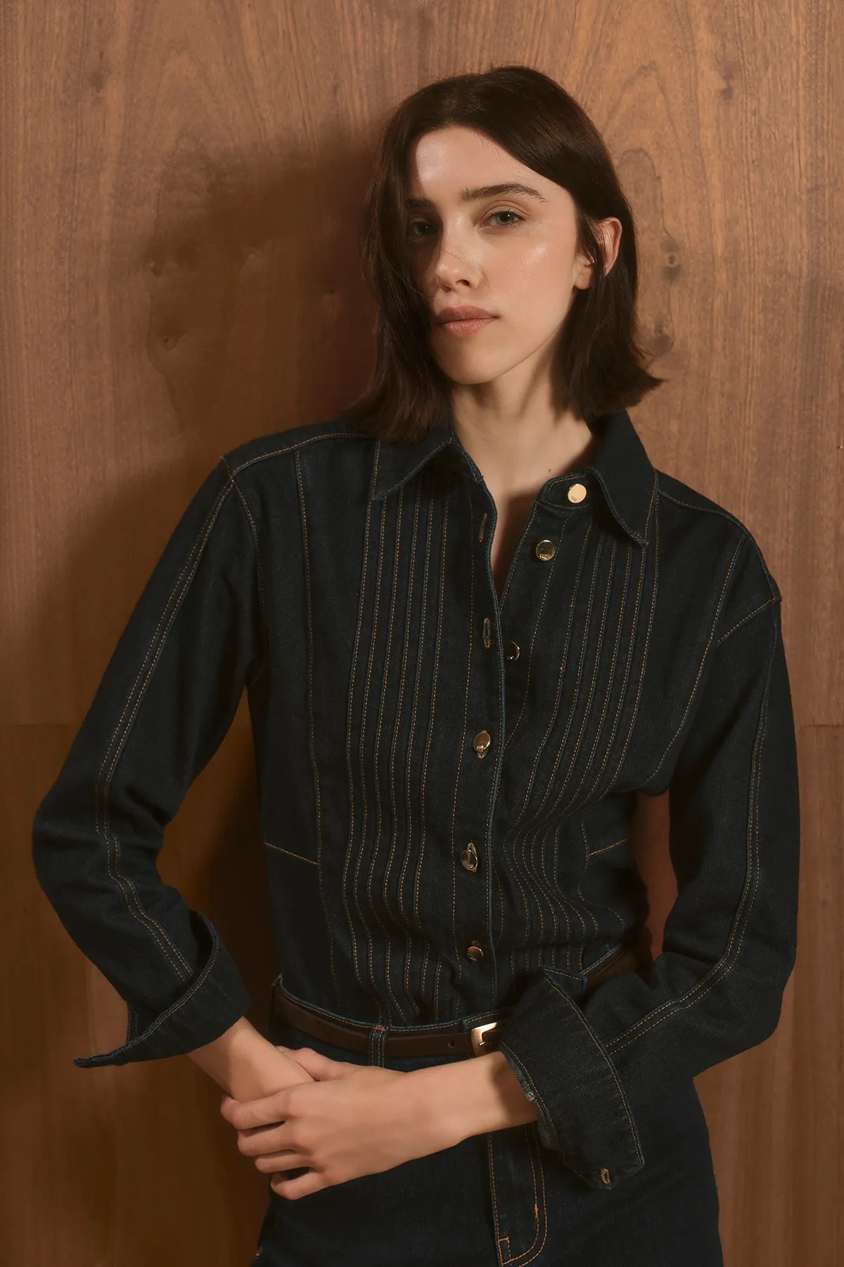 Indigo Denim Corset Stitch Detail Shirt | Karen Millen | Karen Millen UK + IE + DE + NL