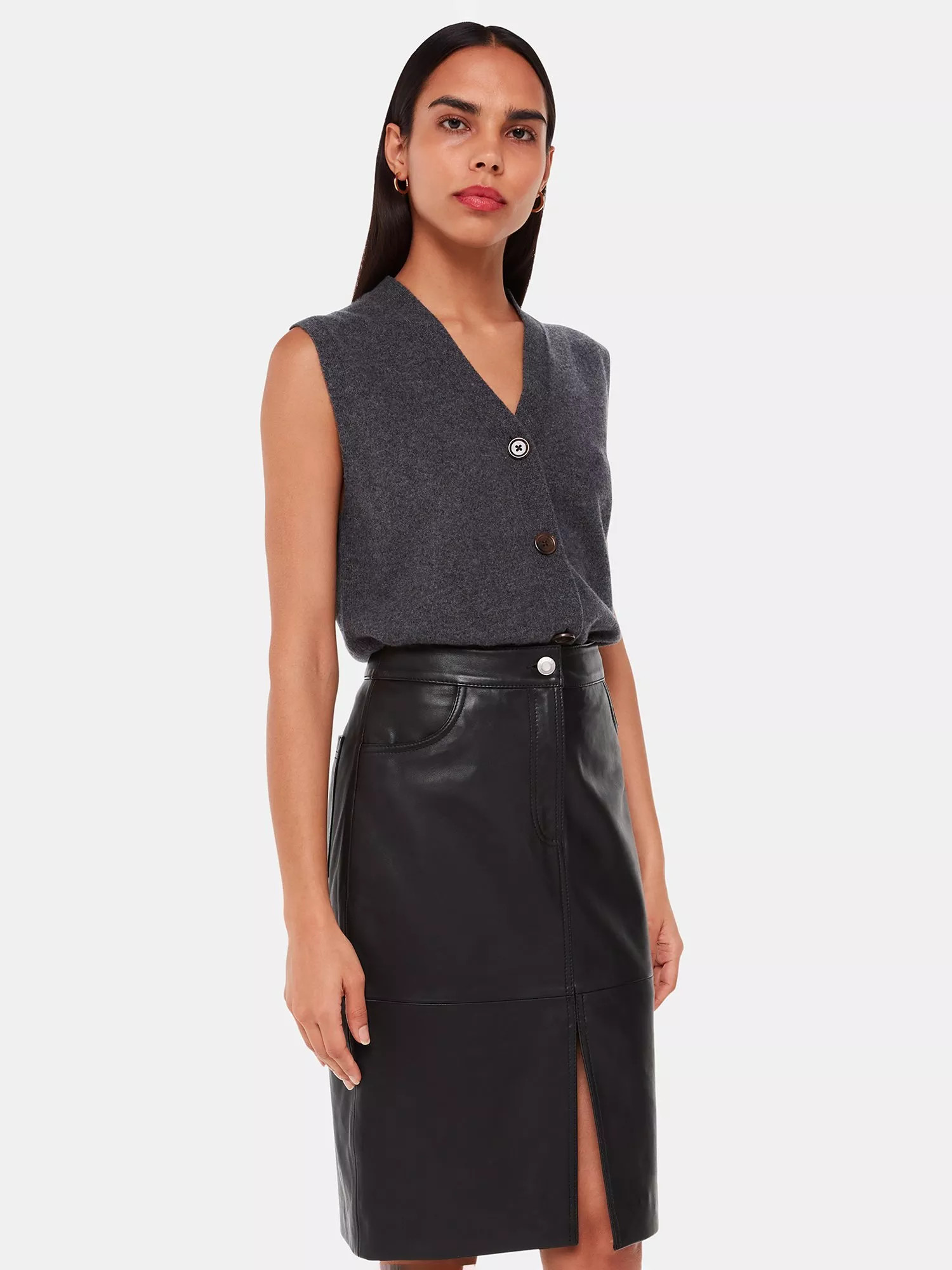 Whistles Front Split Leather Midi Skirt | John Lewis (UK)