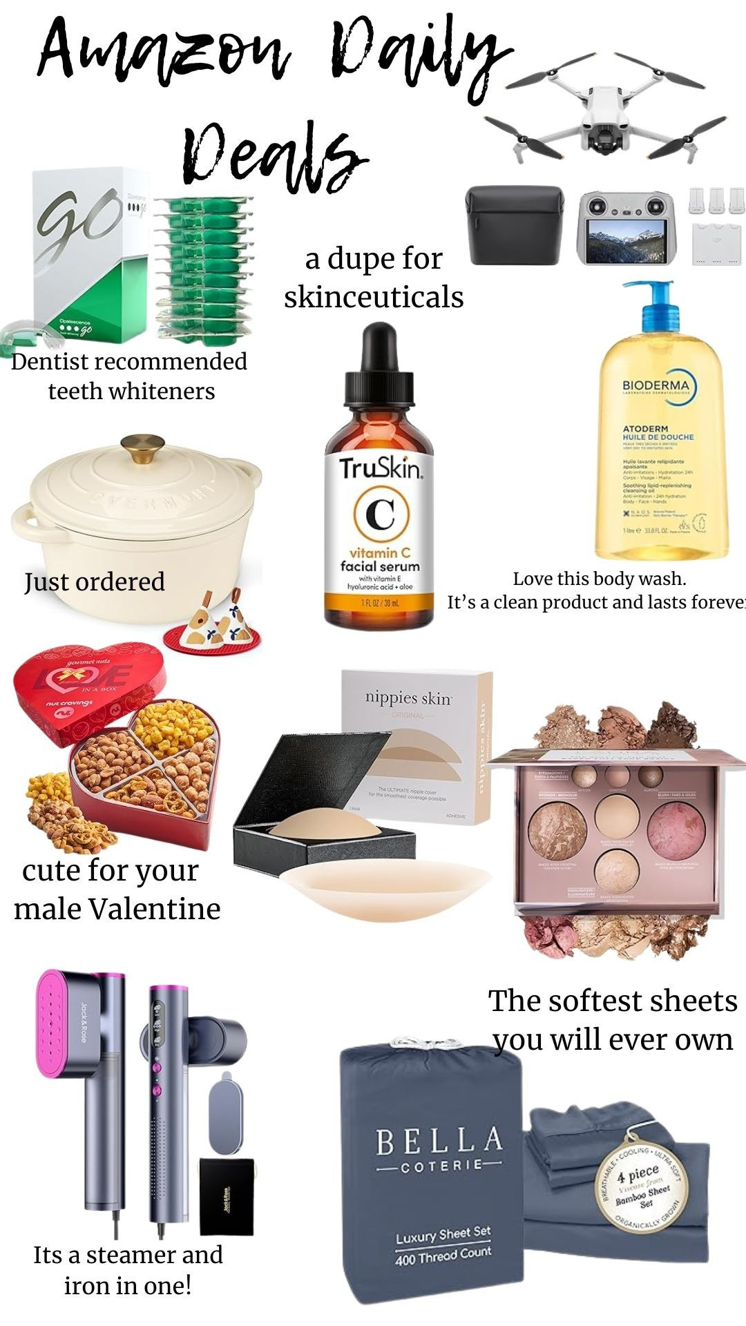 Amazon Daily DealsBeauty finds, beauty deals, body wash, vitamin c, serums, skin care, age defying, teeth whitener, Dutch oven, kitchen finds, pots and pans, drones, toys, men, women, sales, deals, deals alerts, ripple covers, bronzer, Blush, make up, sheets, bamboo items, steamer, iron, clothes, wrinkles, valentines, hearts, nuts, snacks, gift ideas, romance, couples, 

#LTKSaleAlert #LTKMens #LTKfoodie