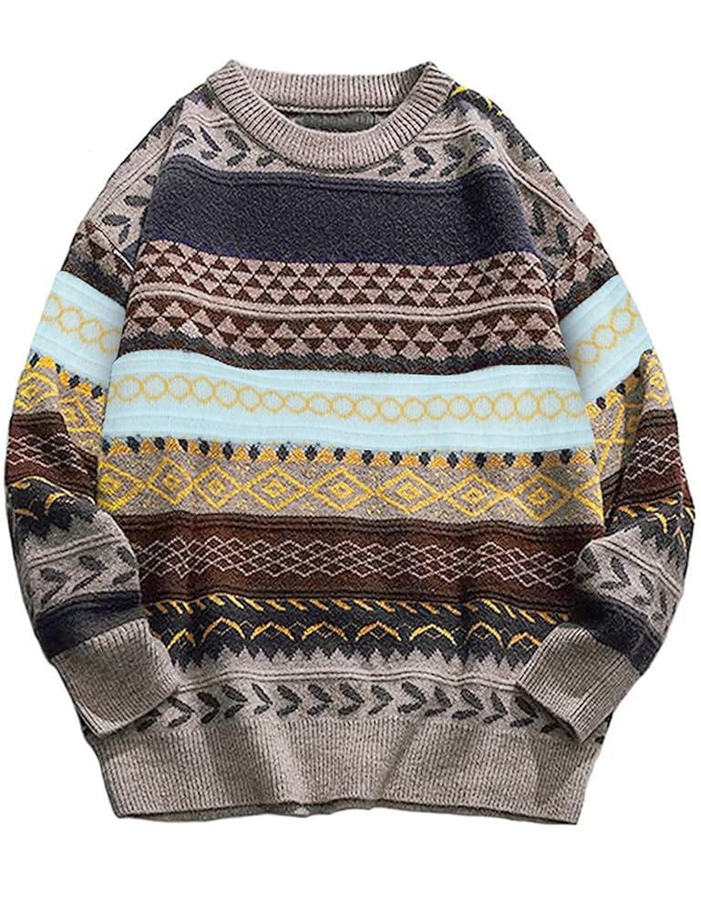 Flygo Men's Vintage Grandpa Sweater Crewneck Oversized Striped Aztec Cable Knit Pullover Unisex J... | Amazon (US)