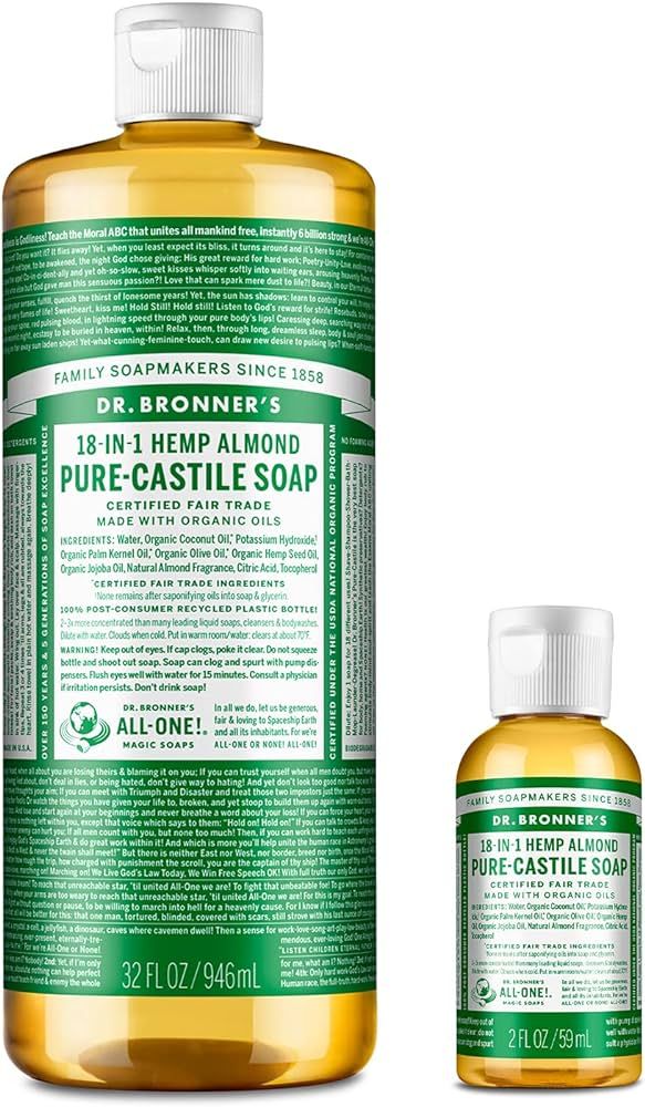 Dr. Bronner's Pure-Castile Liquid Soap – Almond Bundle. 32 oz. Bottle and 2 oz. Travel Bottle | Amazon (US)
