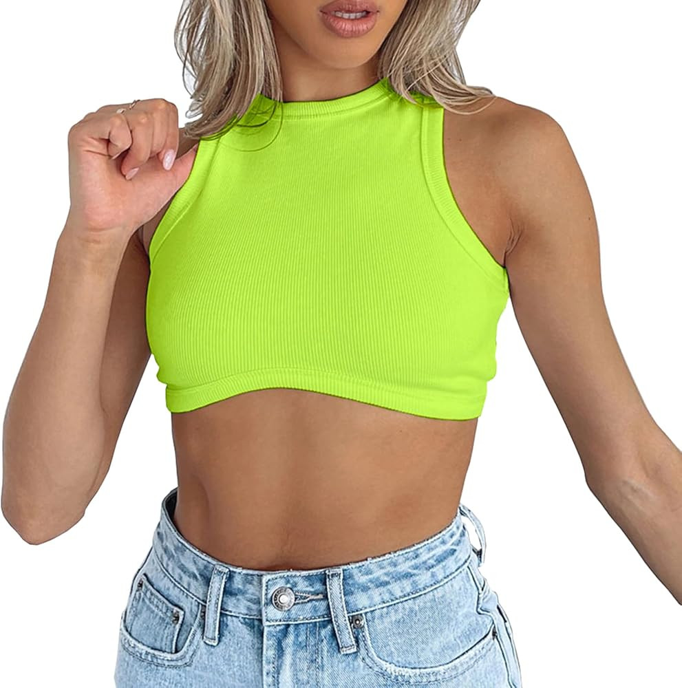 Dwnval Sexy Sleeveless Crewneck Tank Top Ribbed Knitted Crop Tops for Women | Amazon (US)