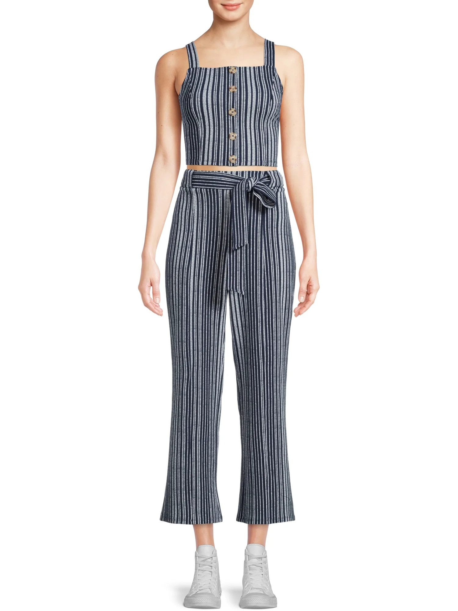 No Boundaries Juniors' Button Front Tank Top and Flare Pants Set, 2-Piece | Walmart (US)