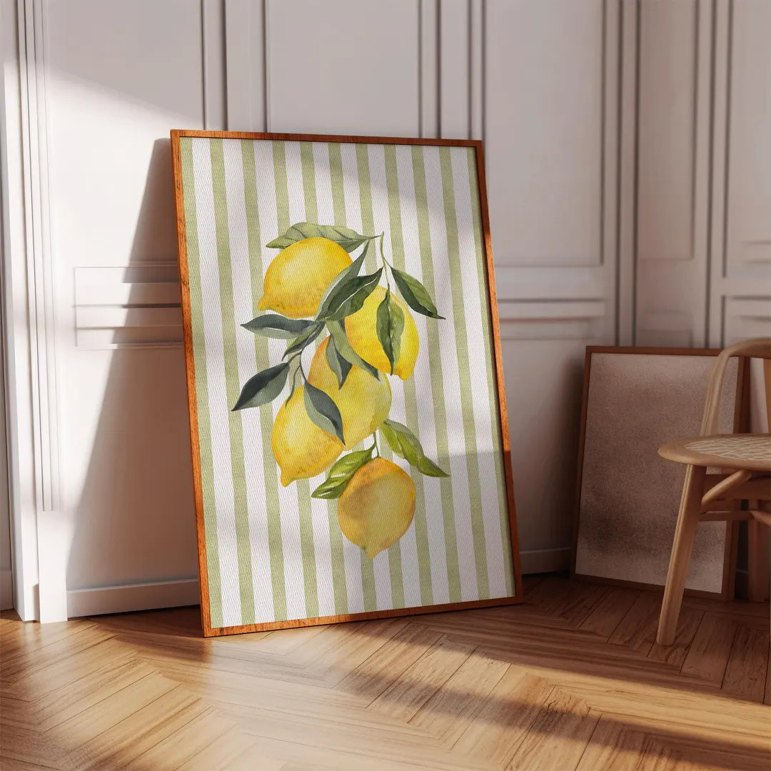 Watercolor Lemons Print, Sage Green Pinstripe Wall Art, Printable Kitchen Poster, Digital Downloa... | Etsy (US)