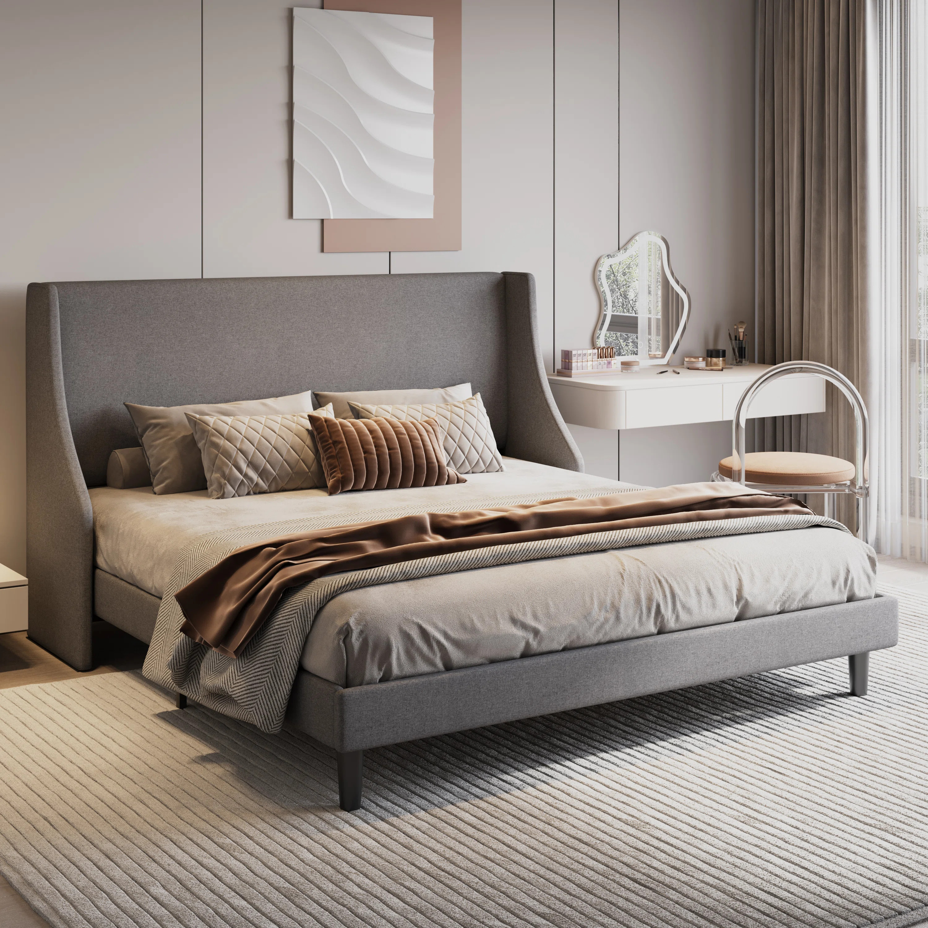 Toderick Upholstered Platform Bed with Deluxe Wingback and Linen Blend | Wayfair North America
