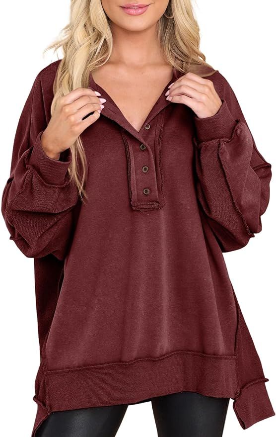 AlvaQ Women's Oversized Sweatshirt Casual Long Sleeve Button Henley Neck Pullover Tunic Tops Outf... | Amazon (US)