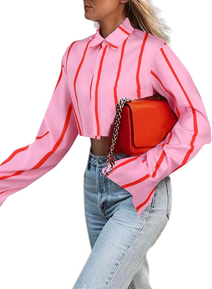 Remidoo Women's Asymmetrical Hem Long Sleeve Cropped Button Up Shirt Crop Top Blouse Streetwear | Amazon (US)